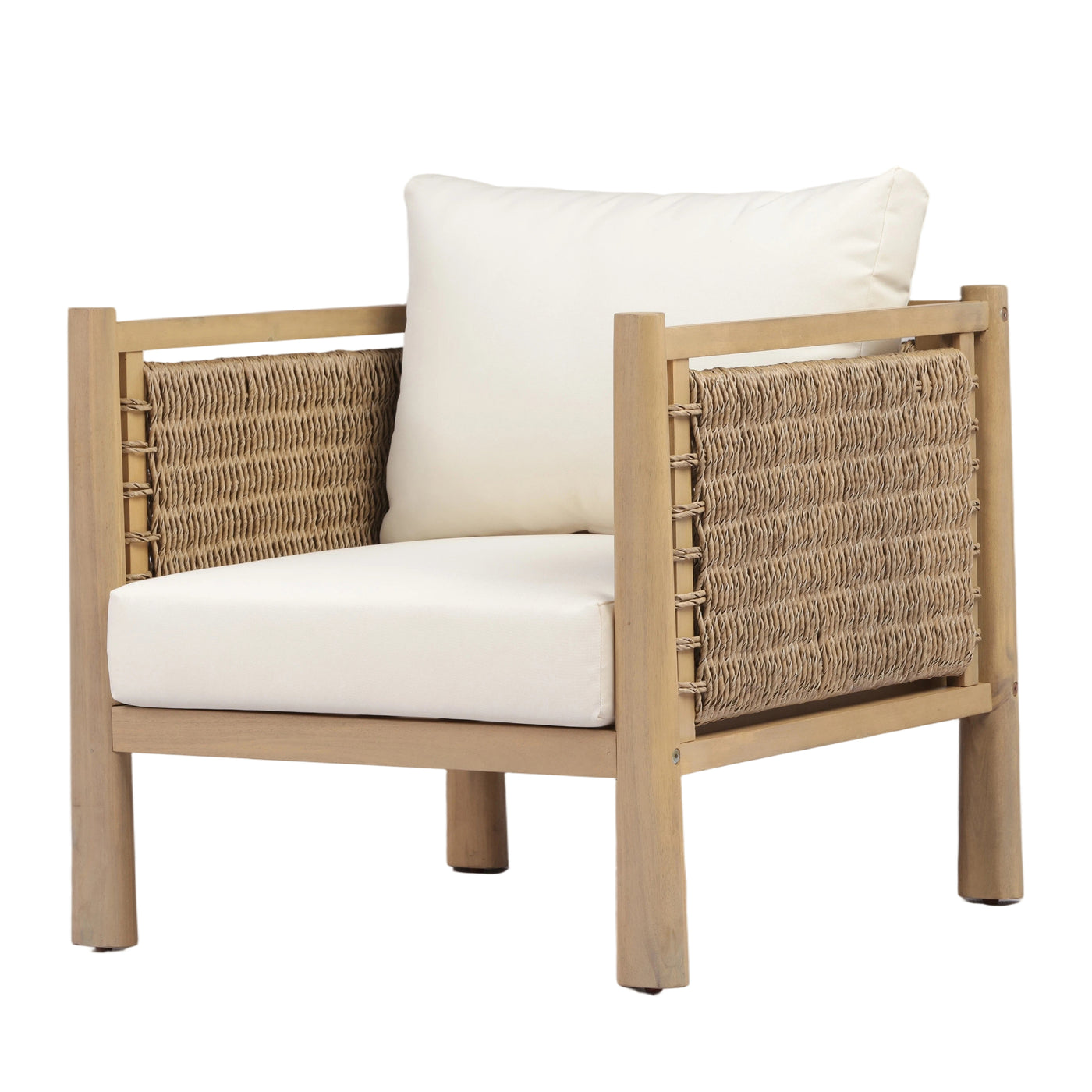 Acacia Wood Patio Chair with PE Wicker Armrests Beige Cushions