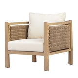 Acacia Wood Patio Chair with PE Wicker Armrests Beige Cushions
