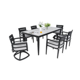 7PC Outdoor Patio Dining Set, 35.5"x71" Table, Marble Top
