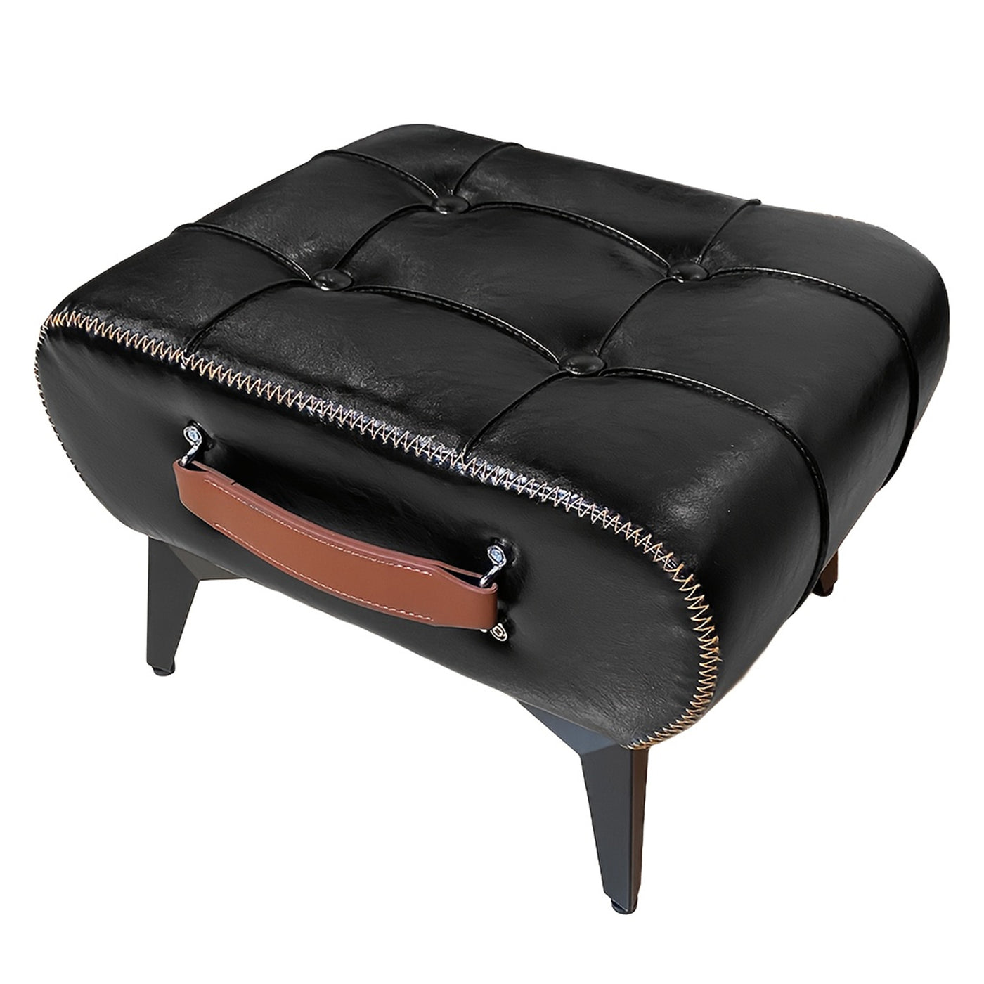 Black Leather Ottoman with Storage and Metal Legs