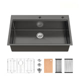 36" x 22" Stainless Steel Single Bowl Overmount Kitchen Sink Black