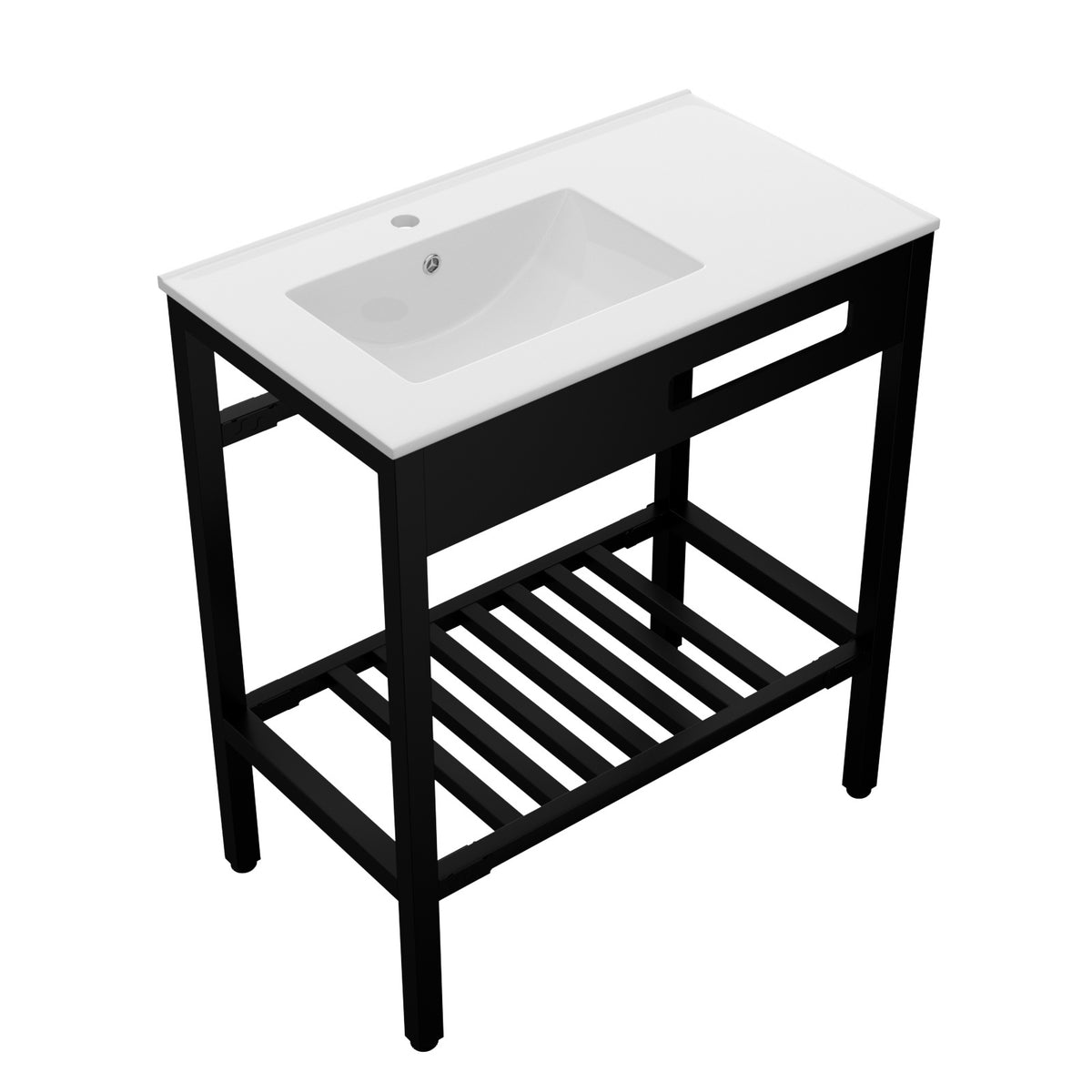 White Ceramic Console Sink with Black Legs, 32' x 18.5', Durable Porcelain with