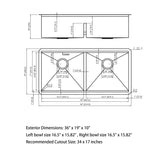 Undermount Sink- 36" x 19" x 10" Double Bowl (50/50) Kitchen Sink 16 Gauge