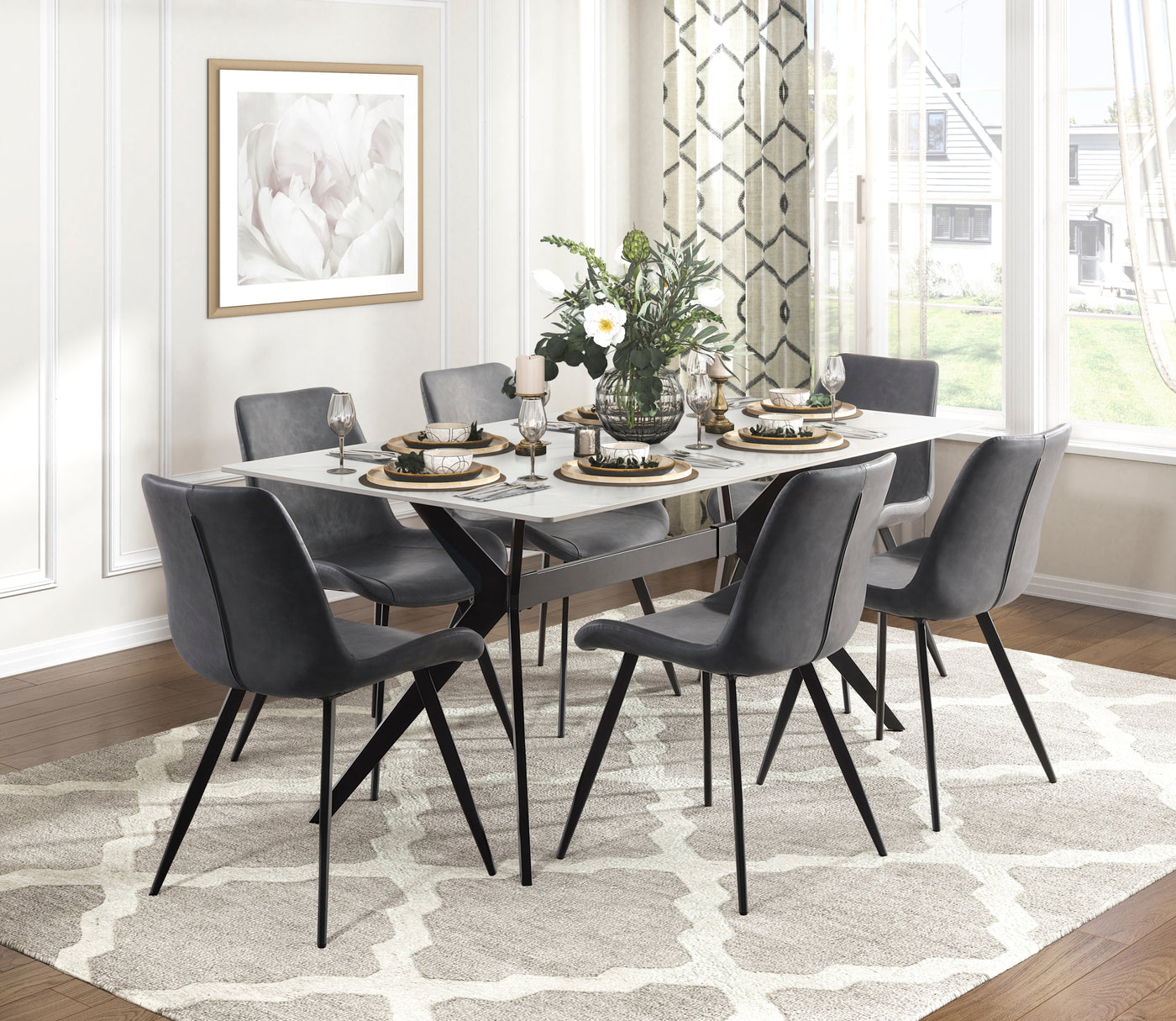 7pc Gray Upholstered Dining Set Sintered Stone Table