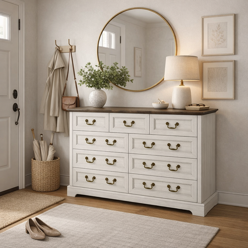 Dresser Farmhouse 9-Drawer Antique Gray MDF Brass Handles 55.1x37.2 In