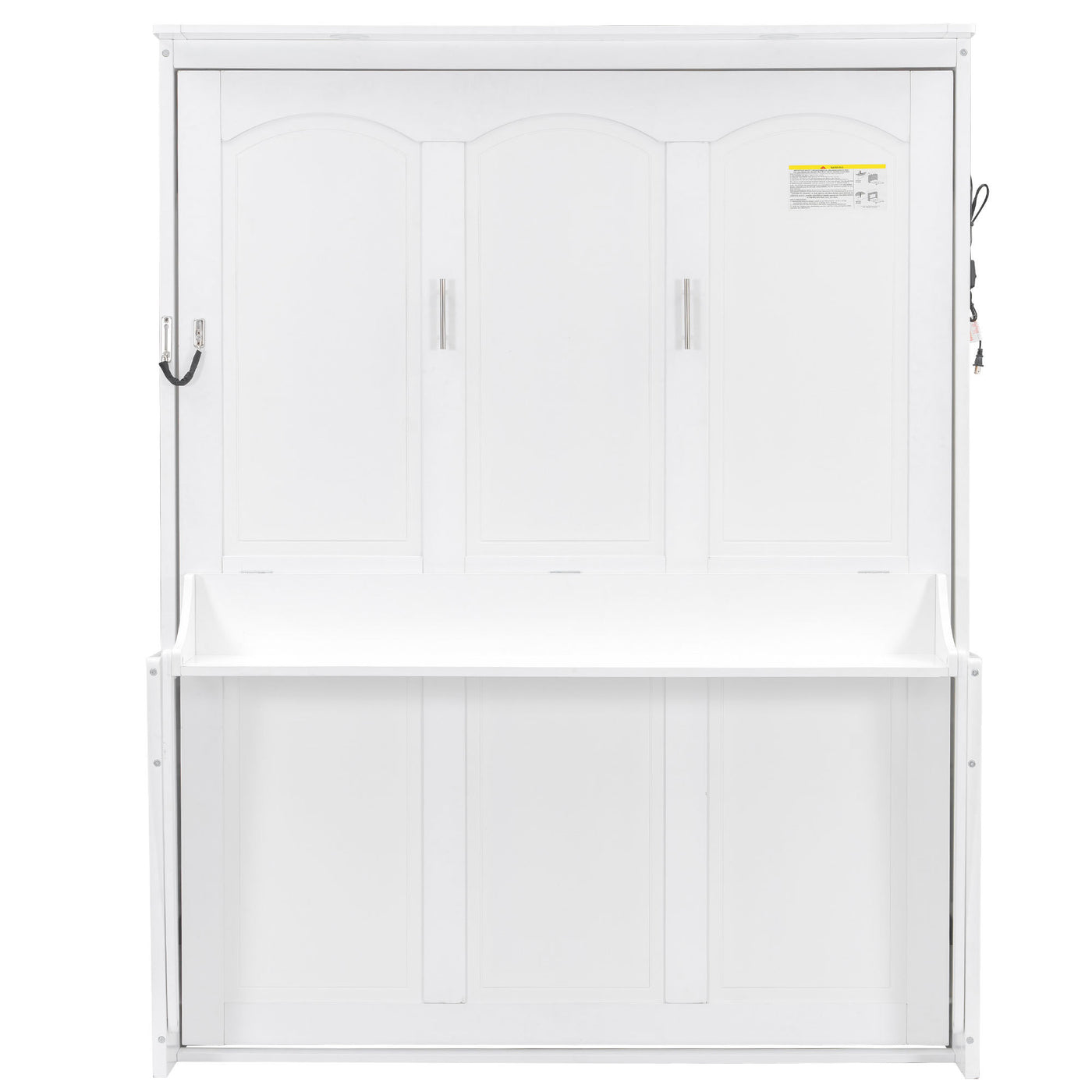 Modern White Queen Size Murphy Bed with Desk, LED Lights, and USB Charging Station - MDF & Plywood