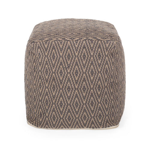 Hand-Loomed Cotton Pouf Ottoman Dark Grey Brown 15 inch