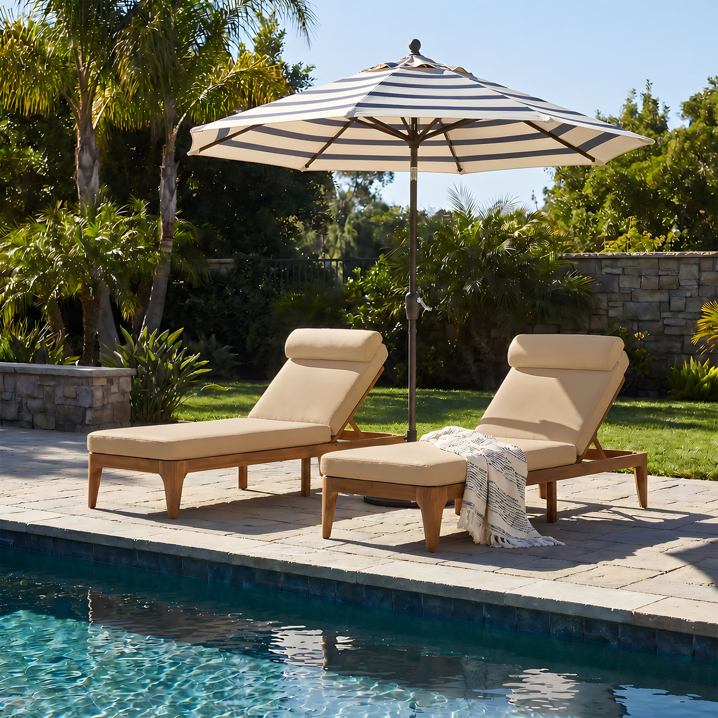 TOPMAX Acacia Wood Chaise Lounge, Outdoor Sun Lounge Chair, Patio Recliner with Adjustable Backrest and Head Pillow for Poolside, Backyard, Garden, Indoor&Outdoor, set of 2, Coffee Brown
