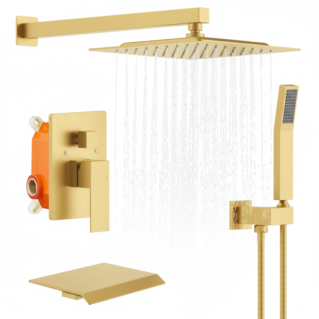 Brushed Gold 10" Square Rain Shower System with Handheld Sprayer