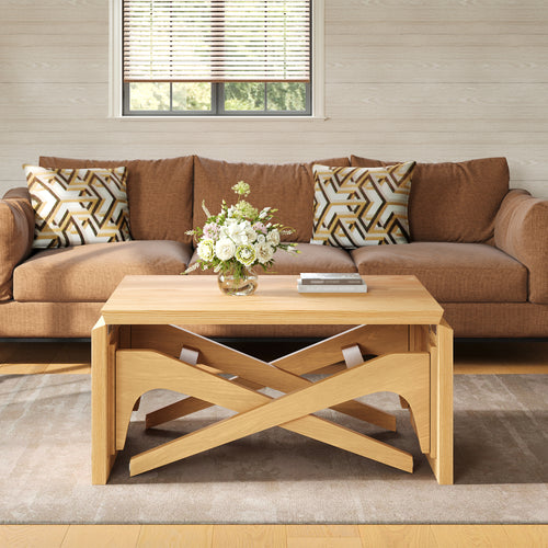 Transformer 2 in 1 Coffee Dining Table Natural Wood Expandable