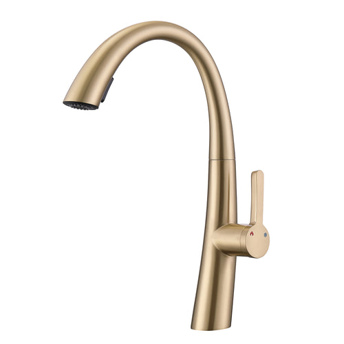 Brushed Gold Single Handle Pull Out Kitchen Faucet High Arch