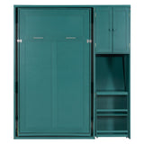 Twin Size Rotating Wall Murphy Beds with Bookshelf, Top Cabinet, Extendable Desk & Side Storage, Teal