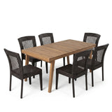 7-Piece Outdoor Patio Dining Set with 69' Acacia Wood Table & 6 PE Rattan Chairs in Brown Multi