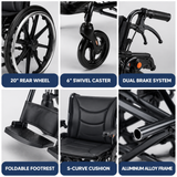 Adult Wheelchair, 20-inch Ergonomic Foldable Aluminum Transport Wheelchair with