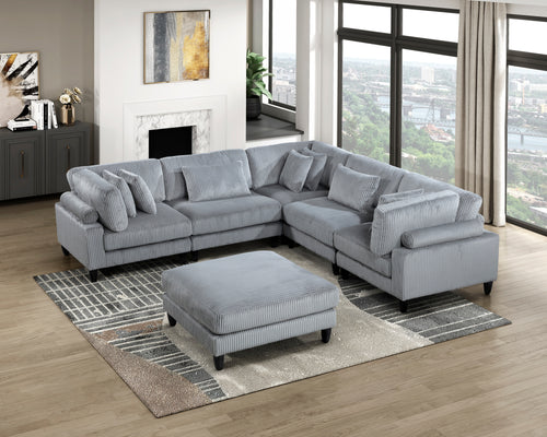 6pc Gray Corduroy Modular Sectional Sofa Set with Ottoman