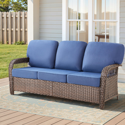 Outdoor Sofa T-Back PE Rattan Blue 3 Seat 5 in Foam Cushions 75in