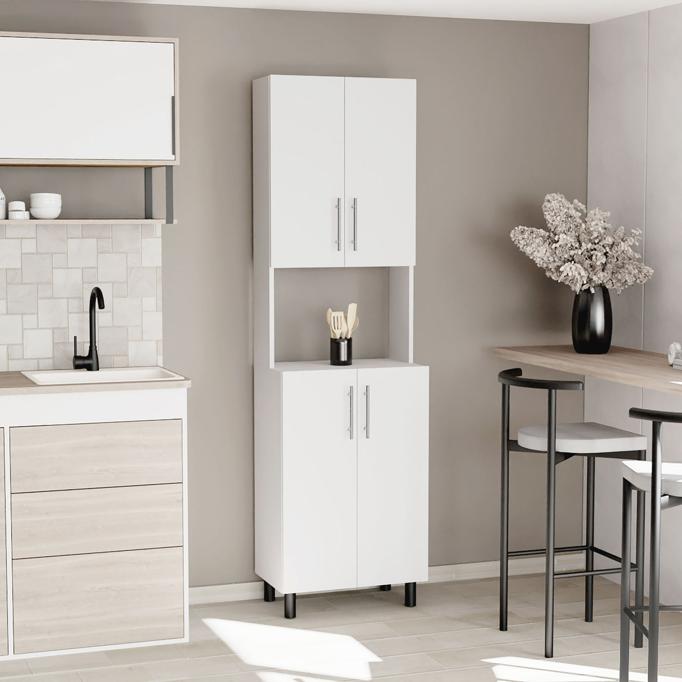 76.8" Two Door Kitchen Pantry Cabinet with Hutch 5 Shelves