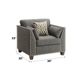 Linen Accent Chair with 3 Pillows, Nailhead Trim, Light Charcoal