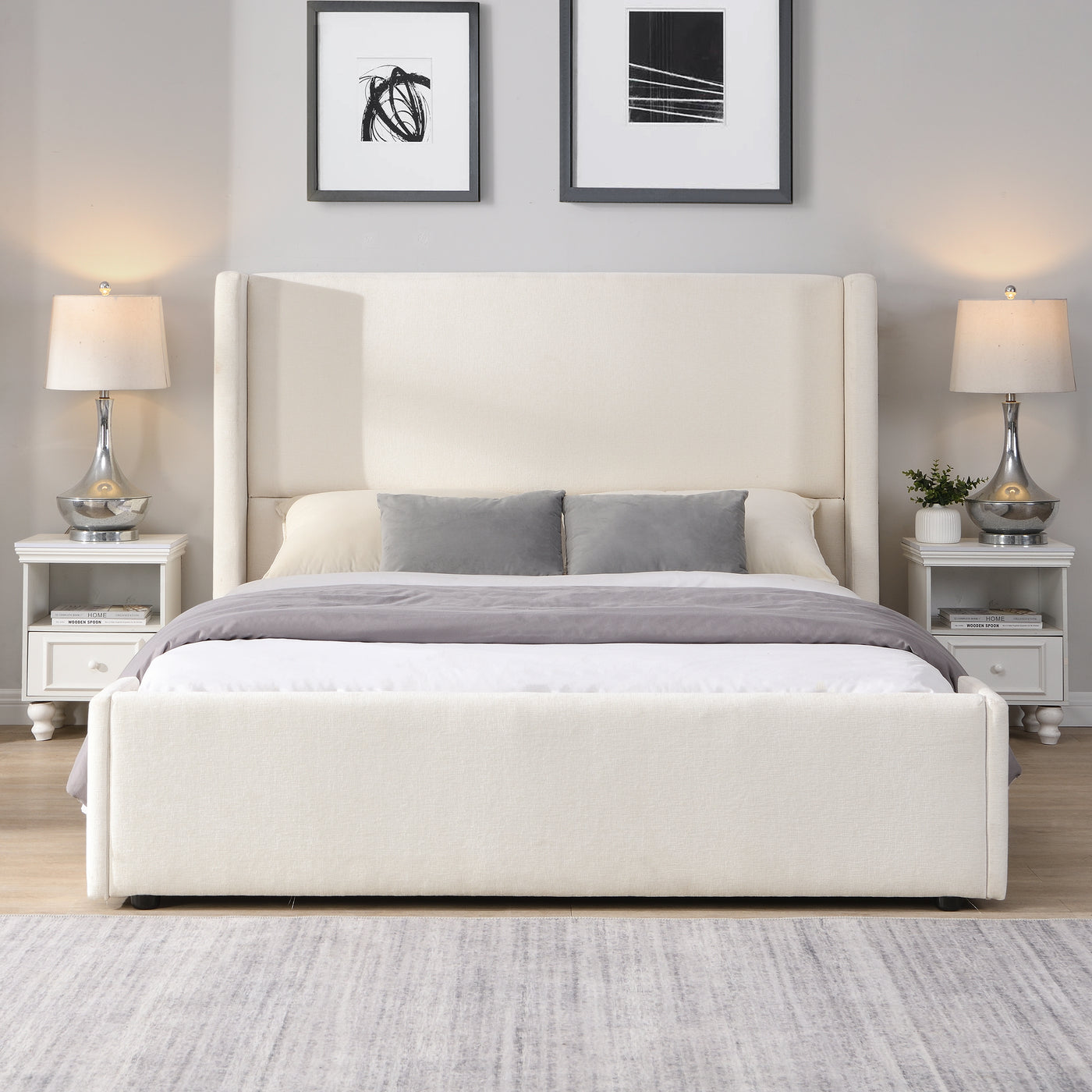 Elegant White Fabric Upholstered Queen Bed with Tall Headboard