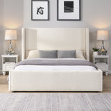 Elegant White Fabric Upholstered Queen Bed with Tall Headboard