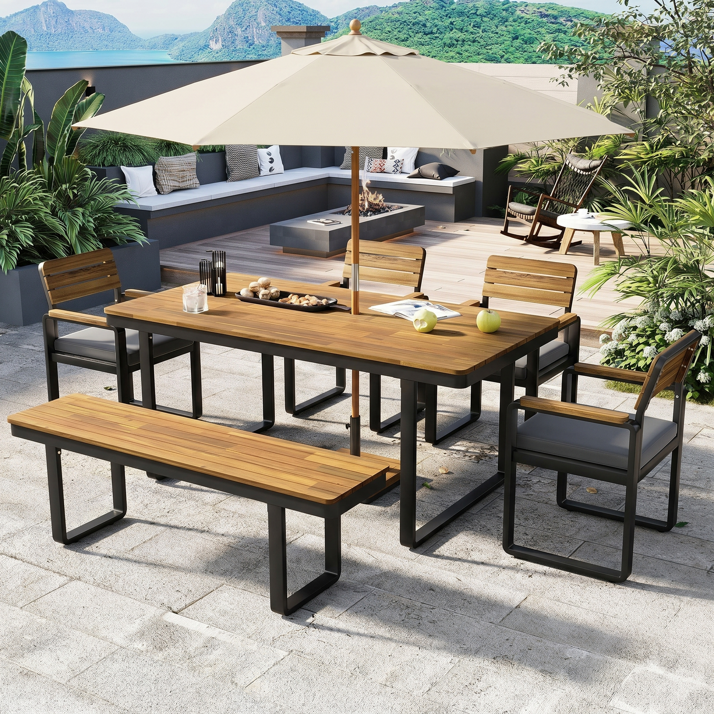 6-Piece Acacia Wood Outdoor Dining Set with Cushions