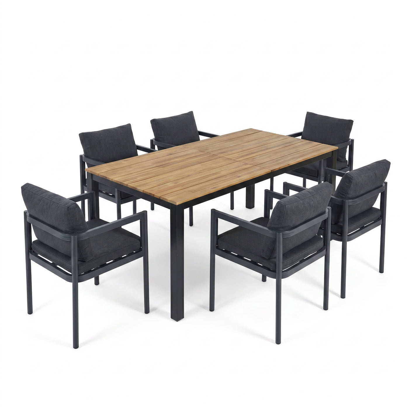 7-Piece Acacia Wood Patio Dining Set with 6 Grey Chairs