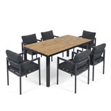 7-Piece Acacia Wood Patio Dining Set with 6 Grey Chairs