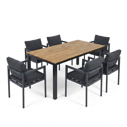 7-Piece Acacia Wood Patio Dining Set with 6 Grey Chairs