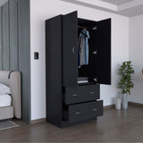 Black Armoire with Double Doors, 2 Drawers, Hanging Rod
