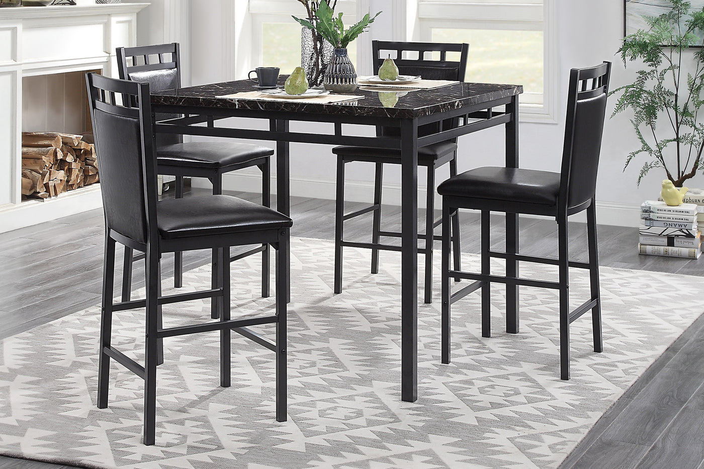 5-Piece Counter Height Dining Set Black Faux Marble