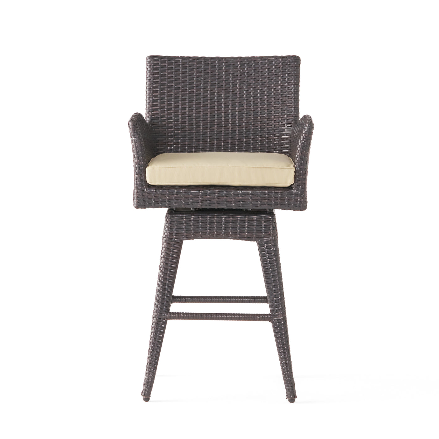 Outdoor Modern PE Rattan Swivel Barstool with Beige Cushion
