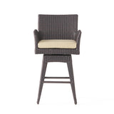 Outdoor Modern PE Rattan Swivel Barstool with Beige Cushion