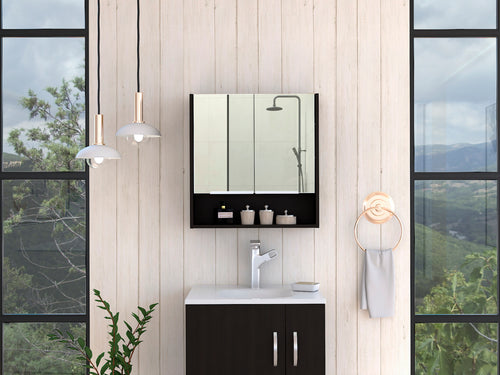 Black Mirror Cabinet Three Shelves Double Door