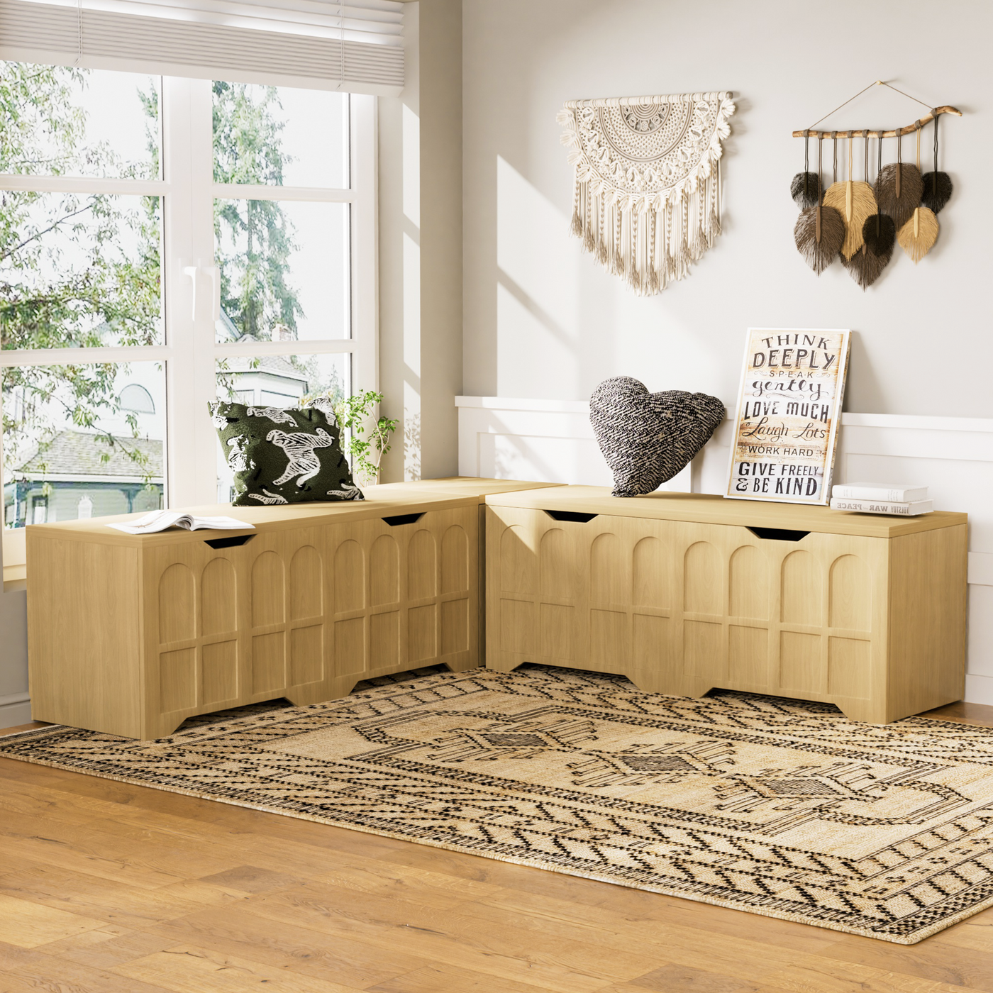 Storage Bench L-Shape 3 Piece MDF Natural Padded Seat 63x63x19 In 360 LB