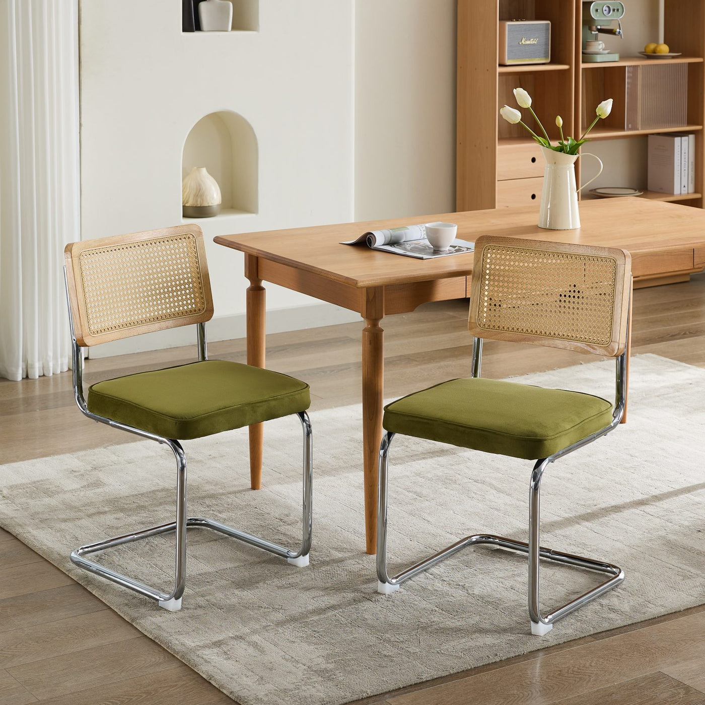Mid Century Modern Dining Chairs Set of 2, Velvet Accent Chairs with Natural