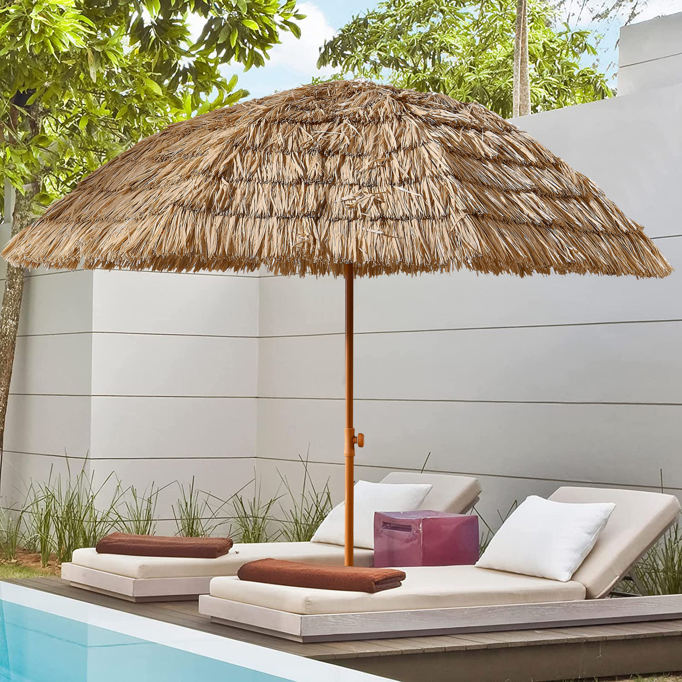8 ft tilting patio umbrella 10 | 360 Swivel & Tilt, Fiberglass Ribs, Cross Base It features 32 bright LED lights powered by a solar panel that charges automatically during the day and glows at night 8 x 8 ft Offset