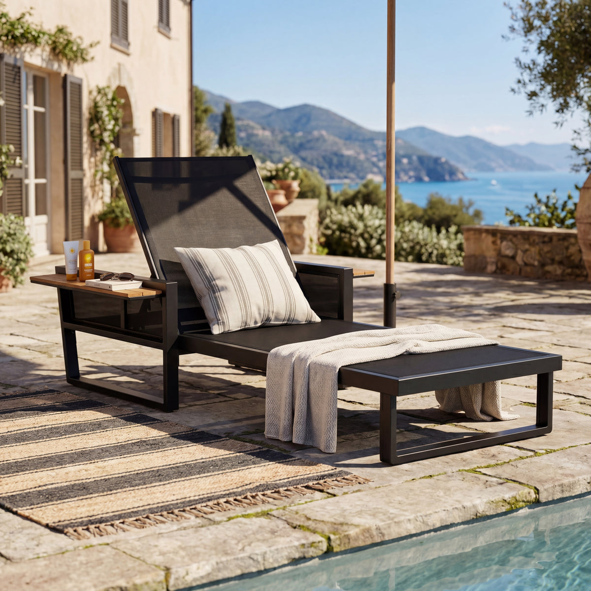 Outdoor Chaise Lounge Chair Acacia Wood Black/Teak 48"