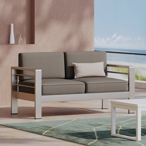 Outdoor Loveseat Aluminum Khaki Water-Resistant Cushion 56.75x27.5 In 600 LB