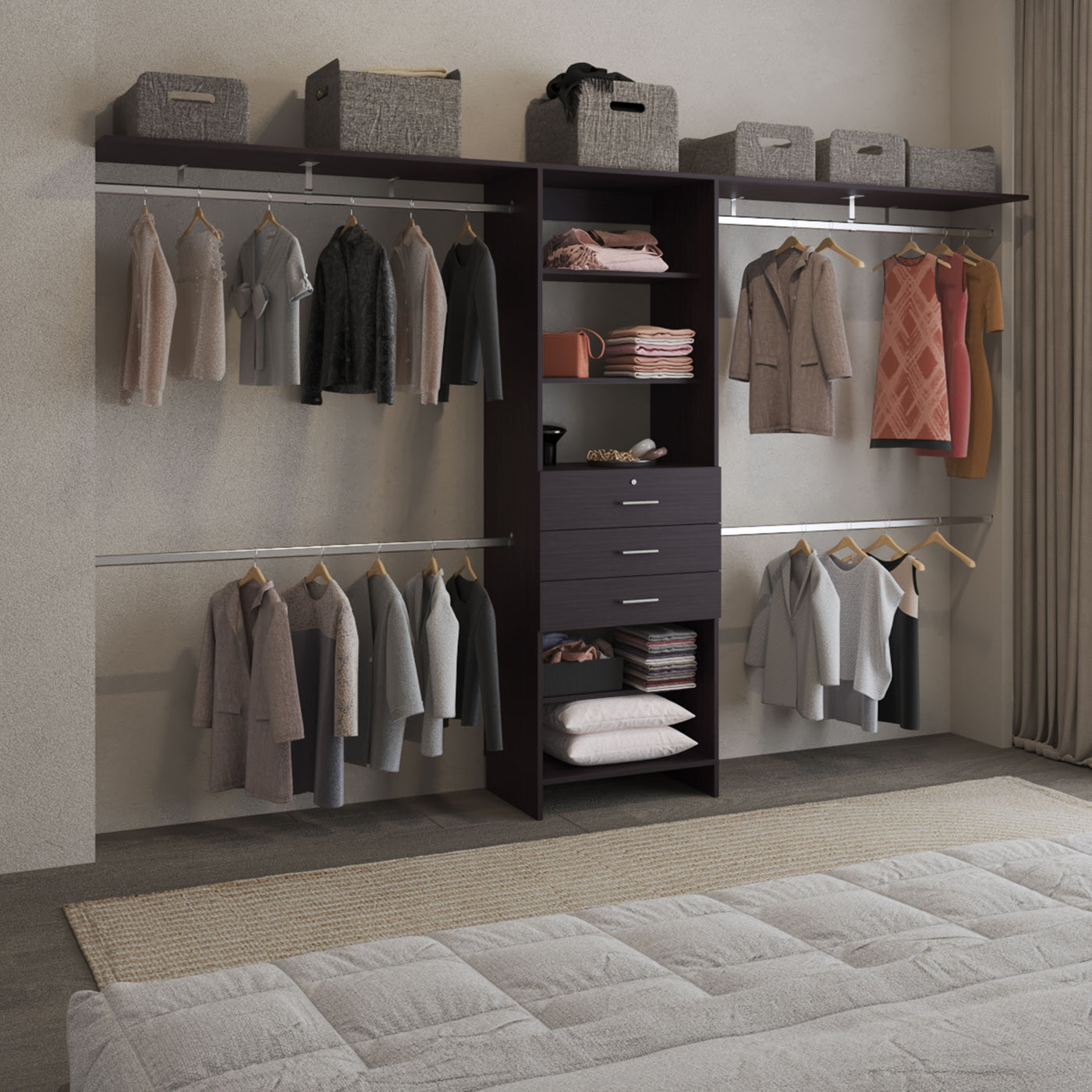 Plego 69"-118" Closet System 5 Shelves 4 Rods 3 Drawers