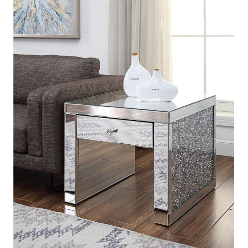 End Table - Mirrored With Faux Diamond Inlay - Storage Drawer