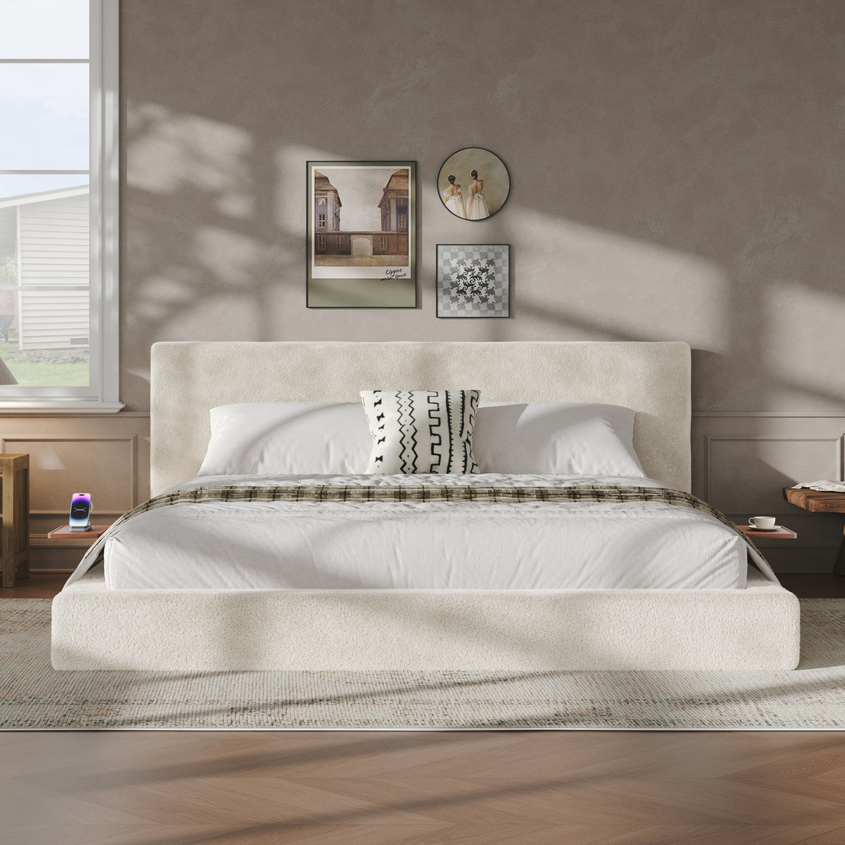 King Upholstered Platform Bed Off White