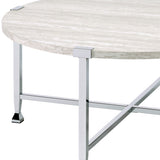 Round Coffee Table - White Oak and Chrome Finish - Metal X-Frame