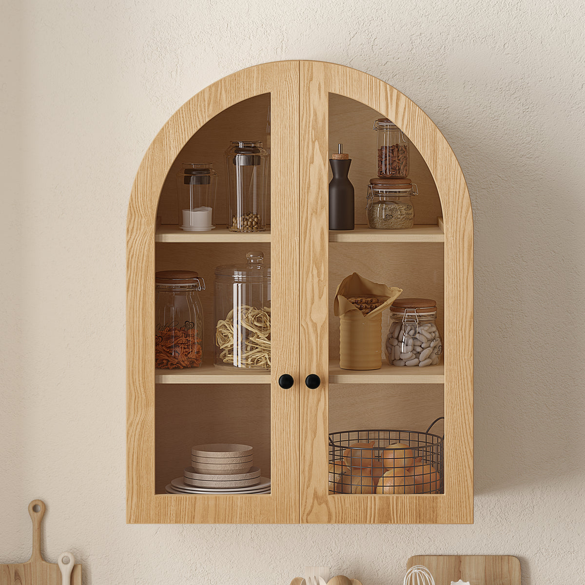 Arched Wall Mounted Cabinet, Wood Veneer Wall Storage Cabinet with Tempered Glas