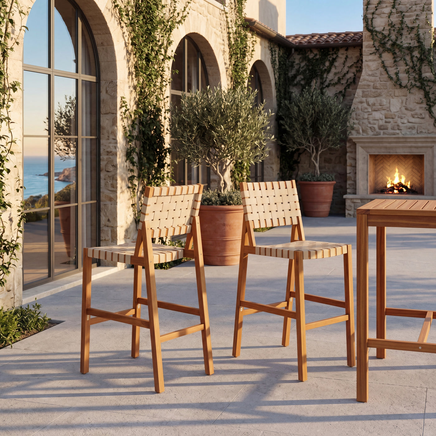 30.5 Inch Seat Height Outdoor Acacia Solid Wood Patio Side Chair, Beige Pe Woven Rope, Breathable and Comfortable,Indoor & Outdoor Use,Teak Finish+Beige Rope(set of 2)