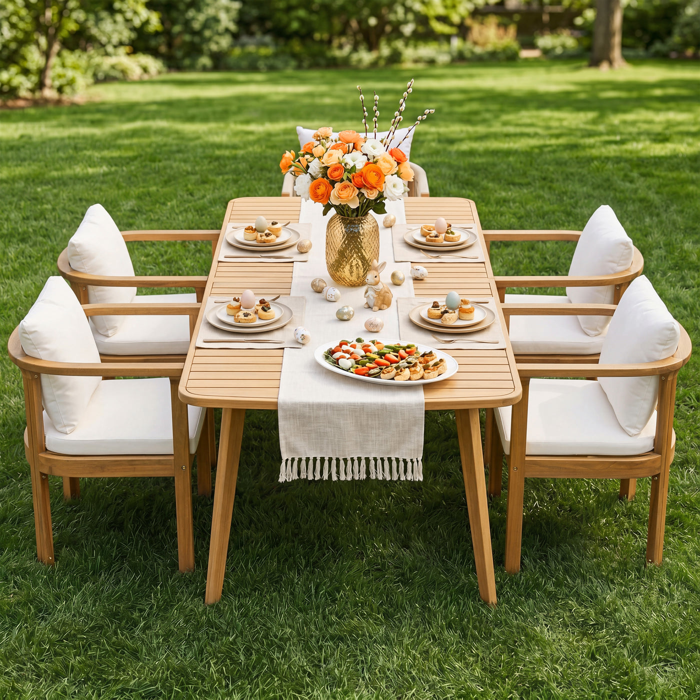 Outdoor Dining Chair Set of 4 with Curved Acacia Wood Arms, Teak Finish and Cream Cushions