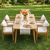 Outdoor Dining Chair Set of 4 with Curved Acacia Wood Arms, Teak Finish and Cream Cushions