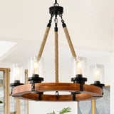 Chandelier Wood Round 6-Light Wagon Wheel Farmhouse Seeded Glass 23.62 In