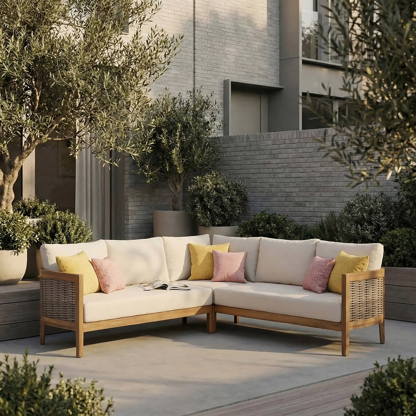 5-Seater Acacia Wood Outdoor Patio Sofa Set with PE Rattan