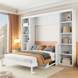 White Full Size Murphy Bed with Desk and Bookshelf, Pine Wood+MDF, 110.3''L x 79.8''W x 82''H