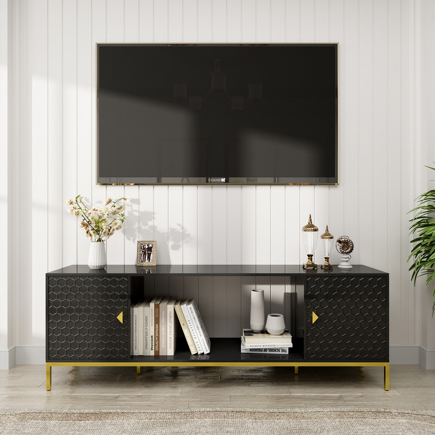 TV Stand Fireplace Space MDF Black Honeycomb Door Gold Legs 80 LB 70 In